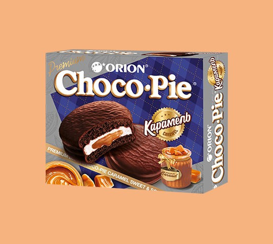 CHOCO PIE DARK CARAMEL (12*30G) 360G -Mekani biskvit s kremastim punjenjem od tamne karamele preliven kakao glazurom 360g